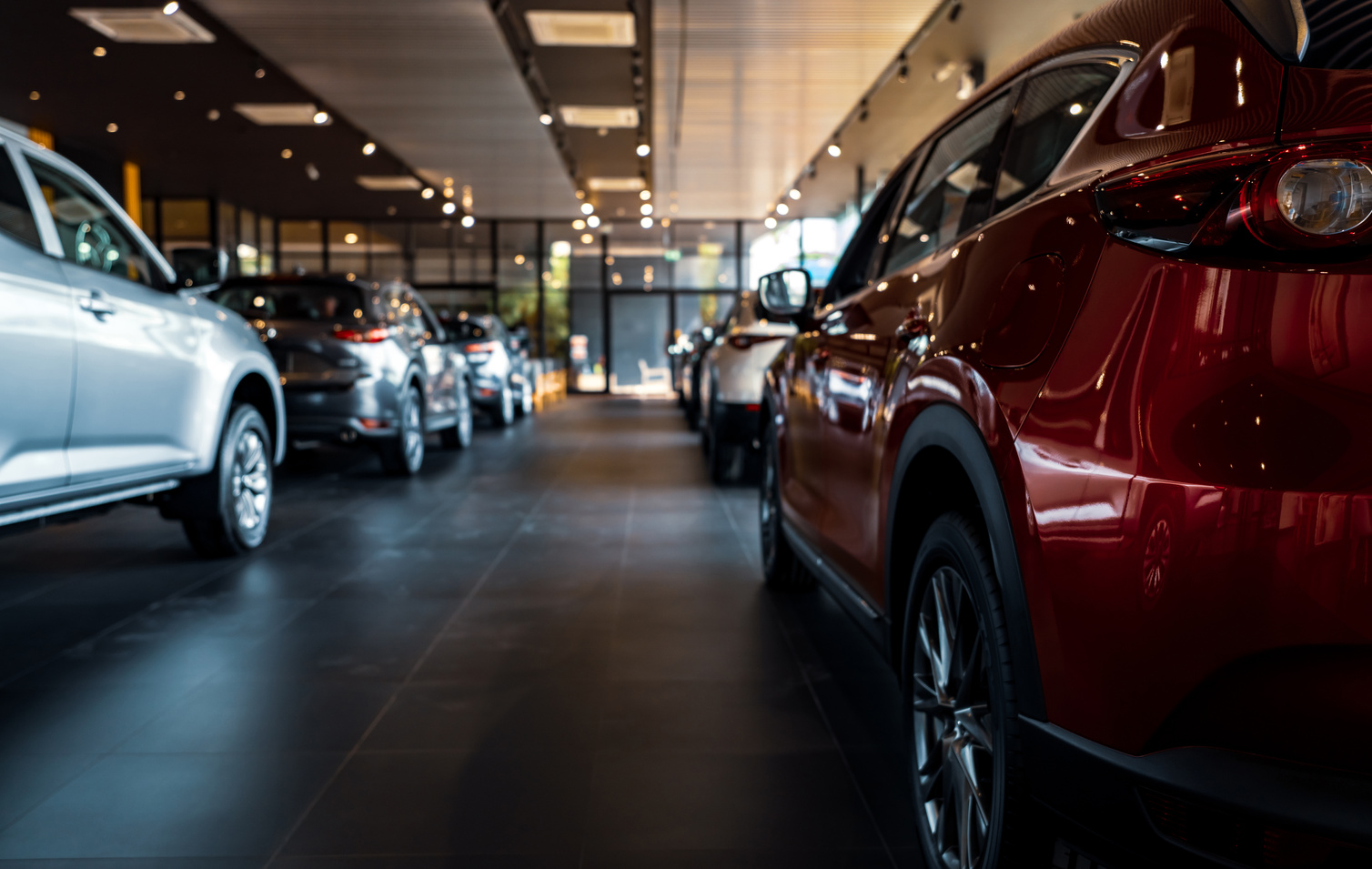 Rearview Car Parked in Luxury Showroom. Car Dealership Office. N